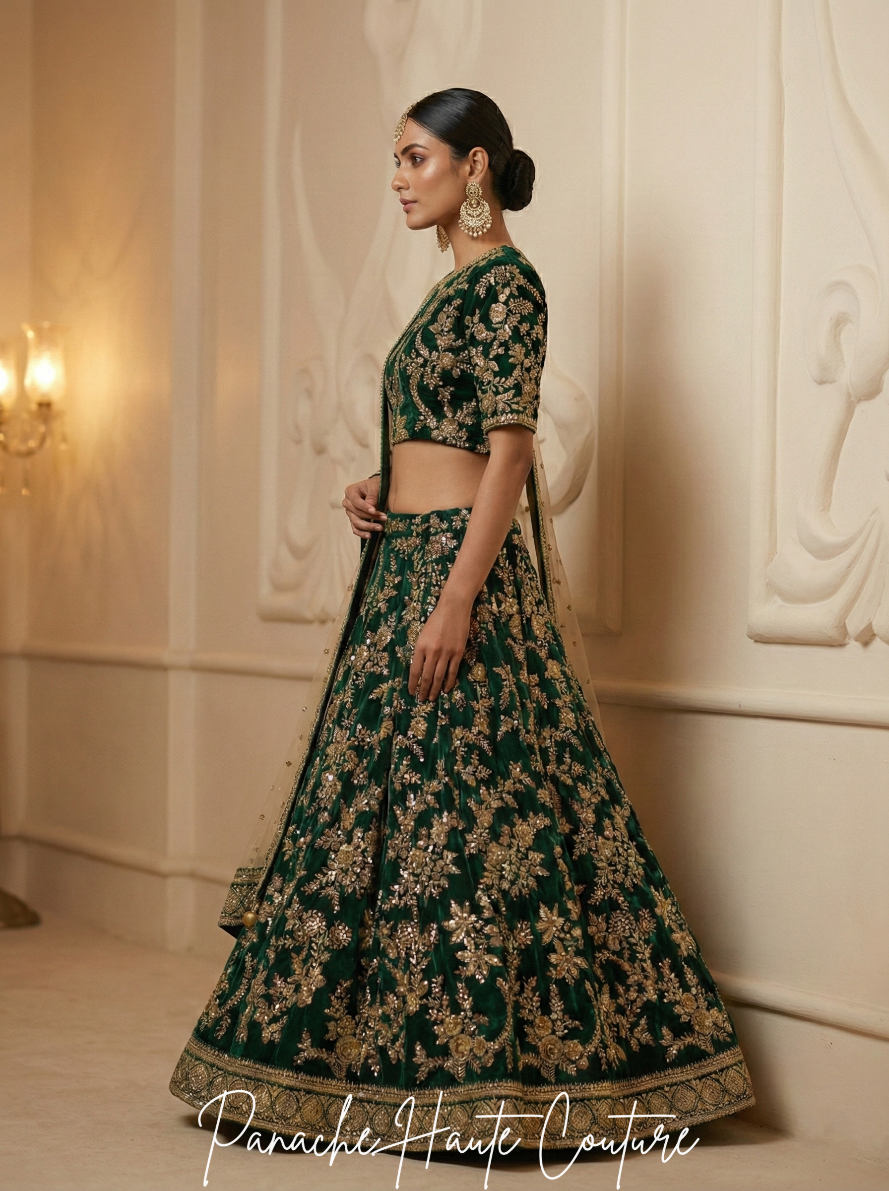 Dark Green Raw Silk Bridal Lehenga Choli with Gold Hand Embroidery | Panache Haute Couture