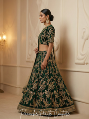 Dark Green Raw Silk Bridal Lehenga Choli with Gold Hand Embroidery | Panache Haute Couture