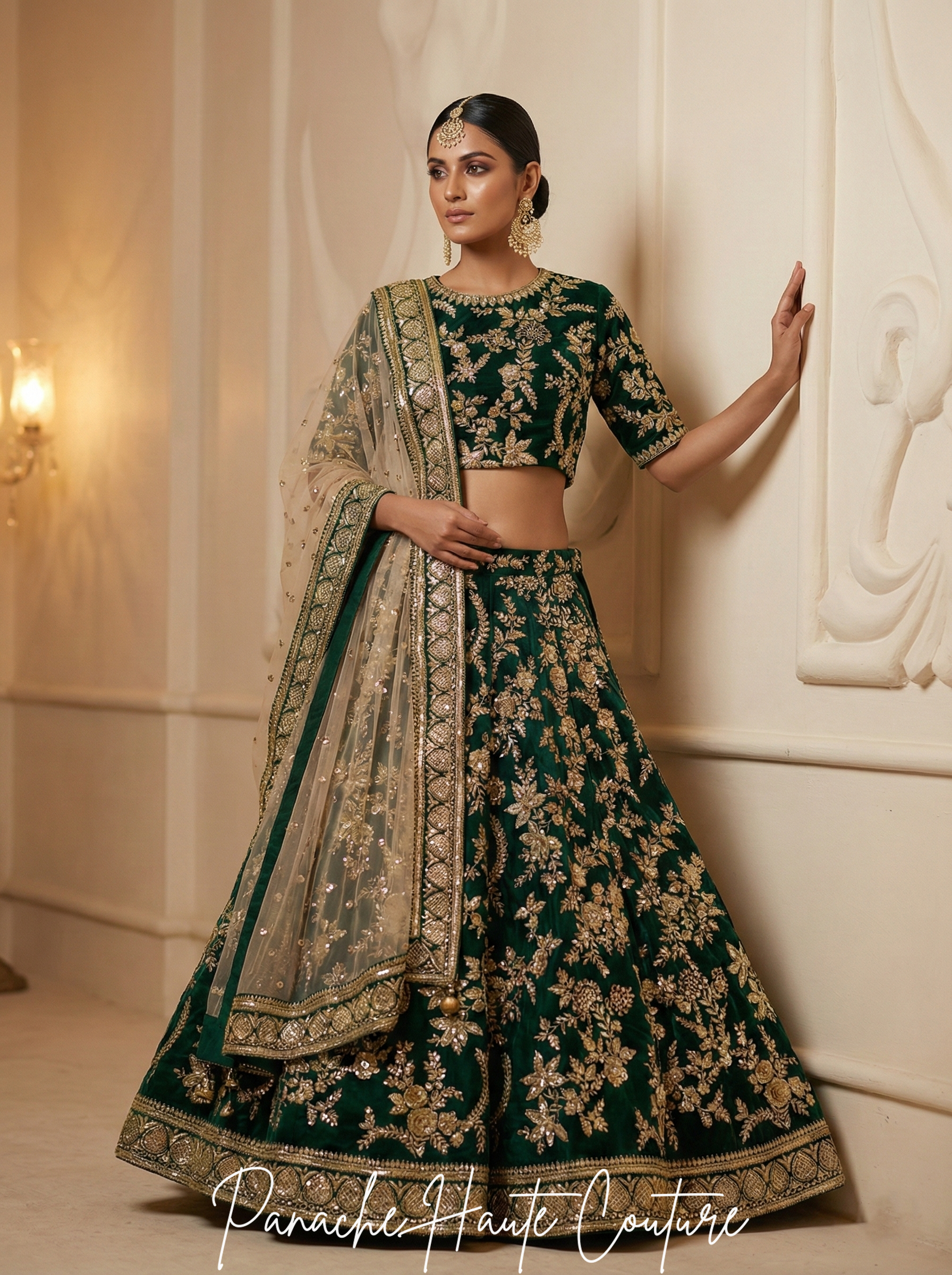 Dark Green Raw Silk Bridal Lehenga Choli with Gold Hand Embroidery | Panache Haute Couture