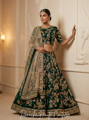 Dark Green Raw Silk Bridal Lehenga Choli with Gold Hand Embroidery | Panache Haute Couture