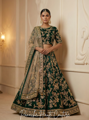 Dark Green Raw Silk Bridal Lehenga Choli with Gold Hand Embroidery | Panache Haute Couture