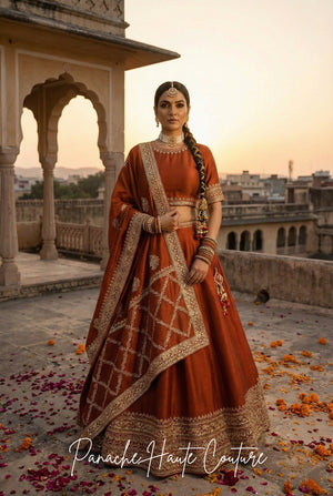 Rust Dupion Lehenga – Wedding Couture Set | Panache Haute Couture