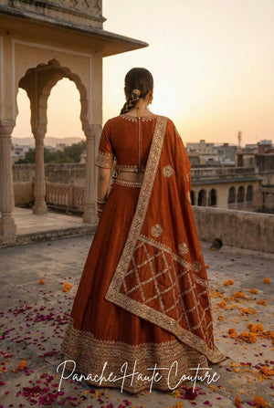 Rust Dupion Lehenga – Wedding Couture Set | Panache Haute Couture