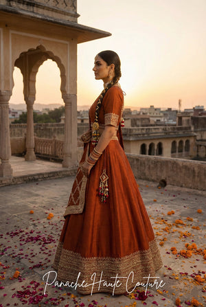 Rust Dupion Lehenga – Wedding Couture Set | Panache Haute Couture