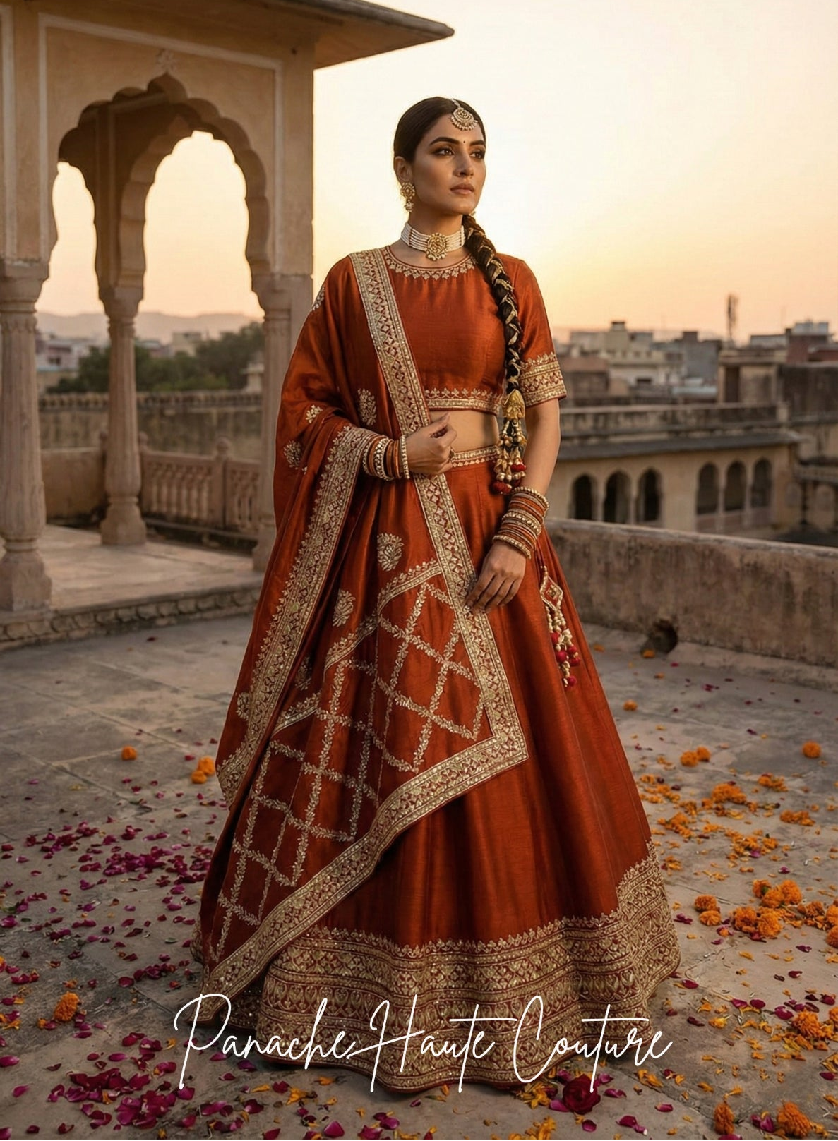 Rust Dupion Lehenga – Wedding Couture Set | Panache Haute Couture