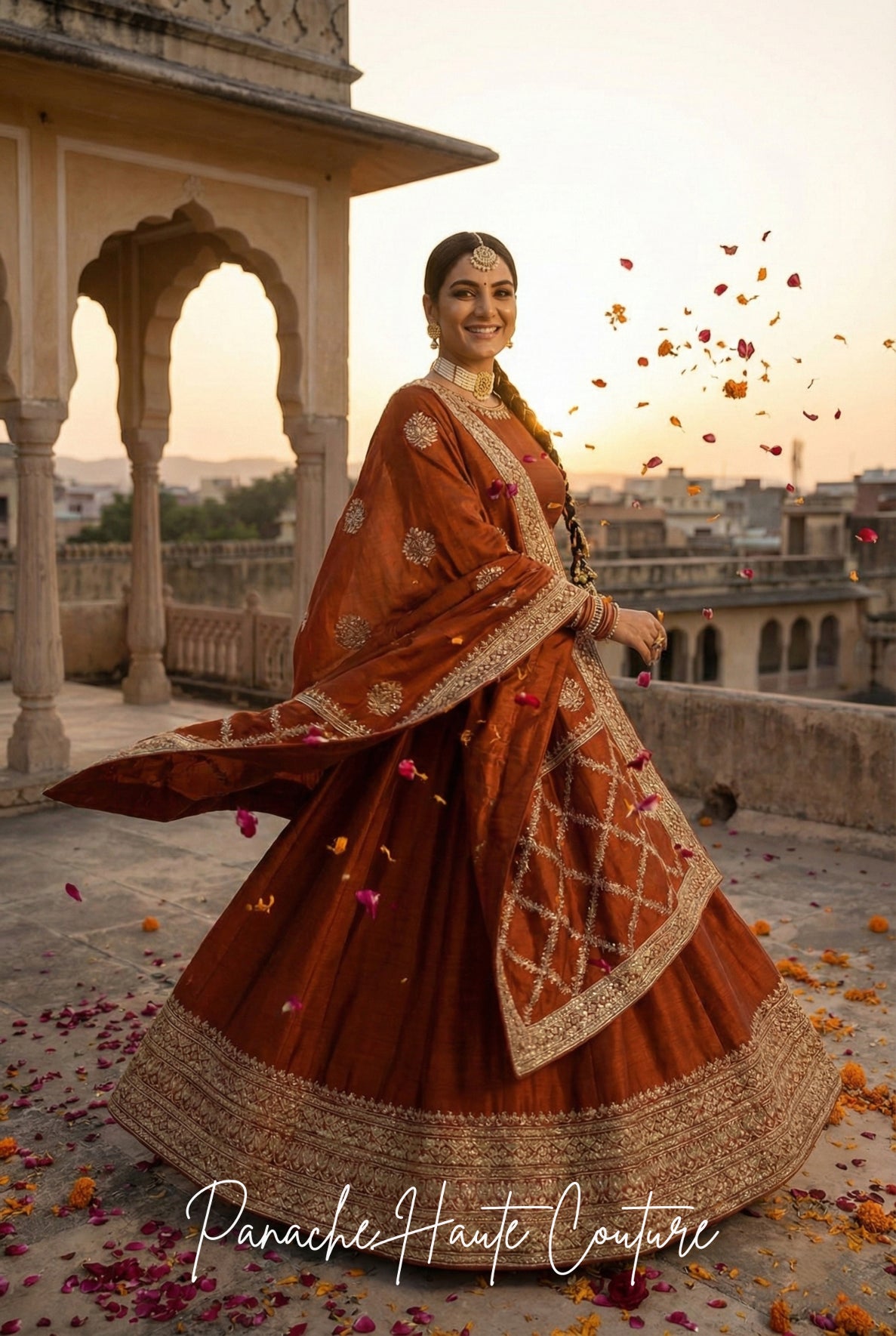 Rust Dupion Lehenga – Wedding Couture Set | Panache Haute Couture