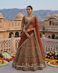 Fizza Burnt Henna Net Contemporary Lehenga