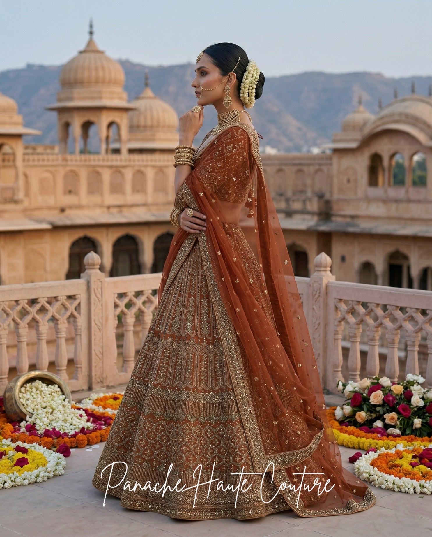 Fizza Burnt Henna Net Contemporary Lehenga