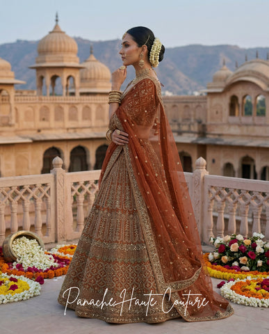 Fizza Burnt Henna Net Contemporary Lehenga