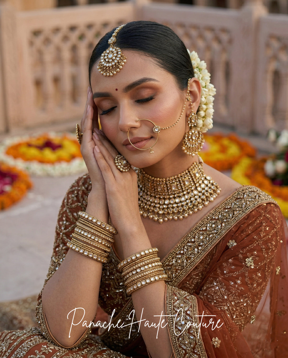 Fizza – Burnt Heena Tulle Net Couture Lehenga | Ruhani Collection hand-embroidery detail