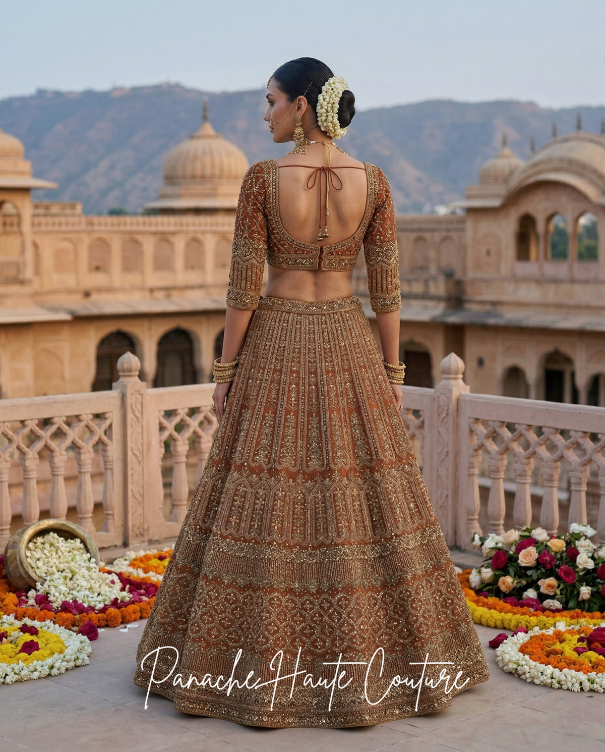 Fizza – Burnt Heena Tulle Net Couture Lehenga | Ruhani Collection