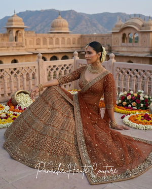 Fizza Burnt Henna Net Contemporary Lehenga
