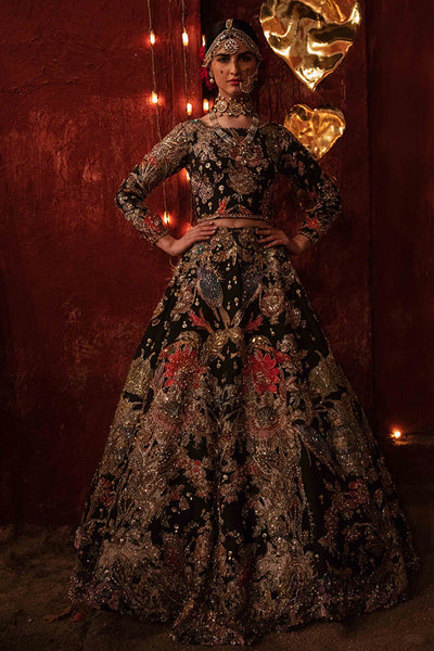 Exquisite Black Lehenga Choli with Red &amp; Gold Appliqué and Zardozi Embroidery