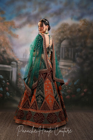 Zoya Bridal Couture Lehenga – Green & Rust Velvet Silk