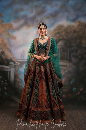 Zoya Bridal Couture Lehenga – Green & Rust Velvet Silk