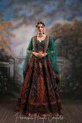 Zoya Bridal Couture Lehenga – Green & Rust Velvet Silk