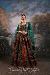 Zoya Bridal Couture Lehenga – Green & Rust Velvet Silk