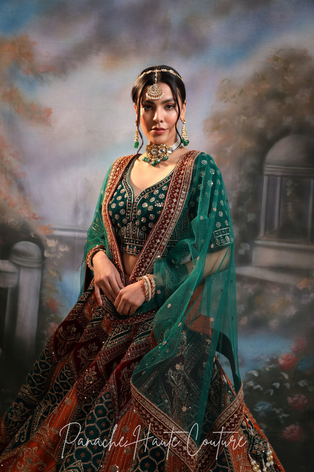 Zoya Bridal Couture Lehenga – Green & Rust Velvet Silk hand-embroidery detail