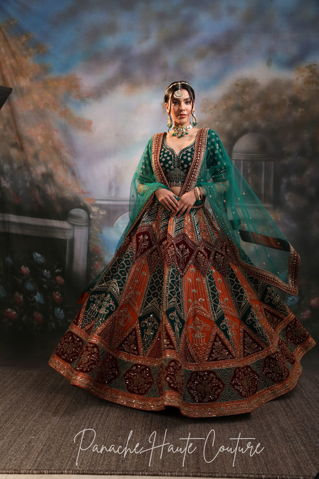 Zoya Bridal Couture Lehenga – Green & Rust Velvet Silk silhouette