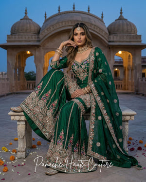 Emerald Green Silk Dupion Bridal Gharara Set