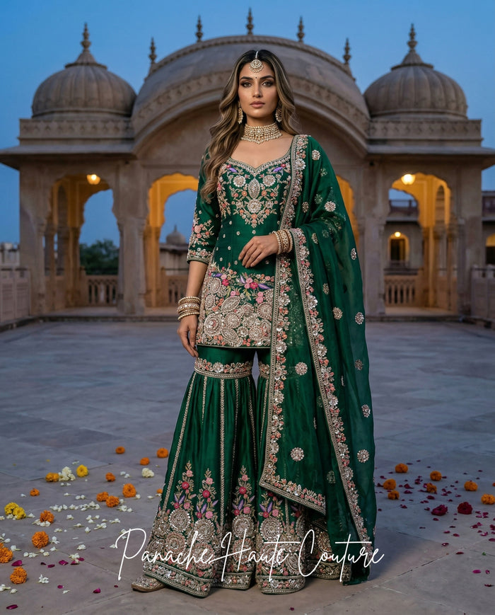 Emerald Green Silk Dupion Bridal Gharara Set