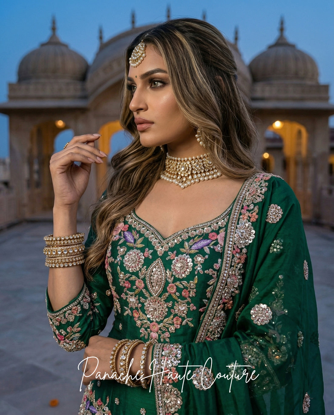Emerald Green Silk Dupion Bridal Gharara Set hand-embroidery detail