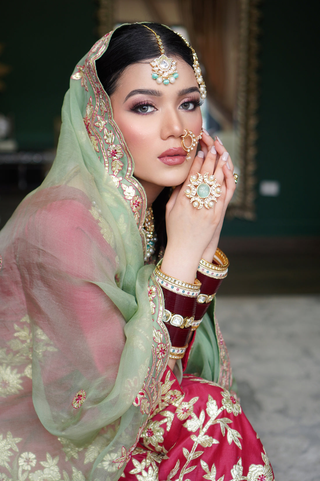 Hot Pink Chanderi Silk Sharara Set with Sage Green Silk Organza Dupatta – Razia hand-embroidery detail