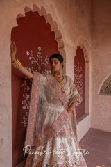 Ivory Lehenga with Pink and Green Applique & Zardozi Peacock Embroidery