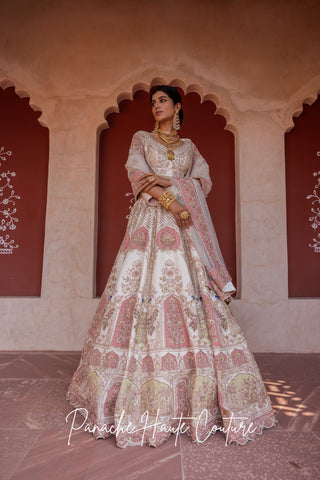 Ivory Lehenga with Pink and Green Applique & Zardozi Peacock Embroidery