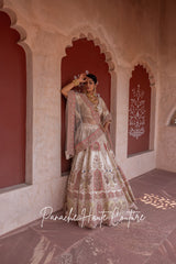 Ivory Lehenga with Pink and Green Applique & Zardozi Peacock Embroidery