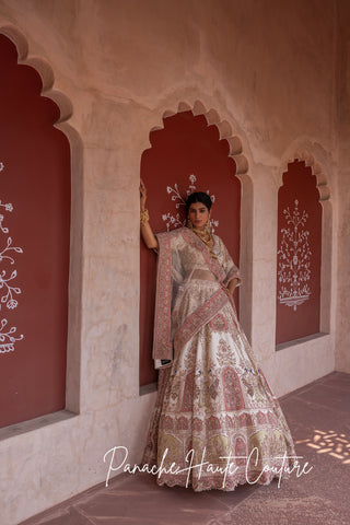 Ivory Lehenga with Pink and Green Applique & Zardozi Peacock Embroidery