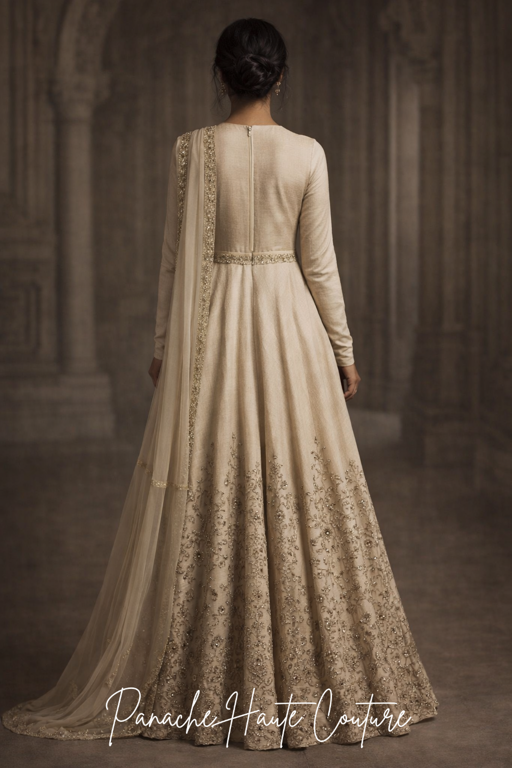 Ivory Raw Silk Wedding Gown with Zardozi Embroidery