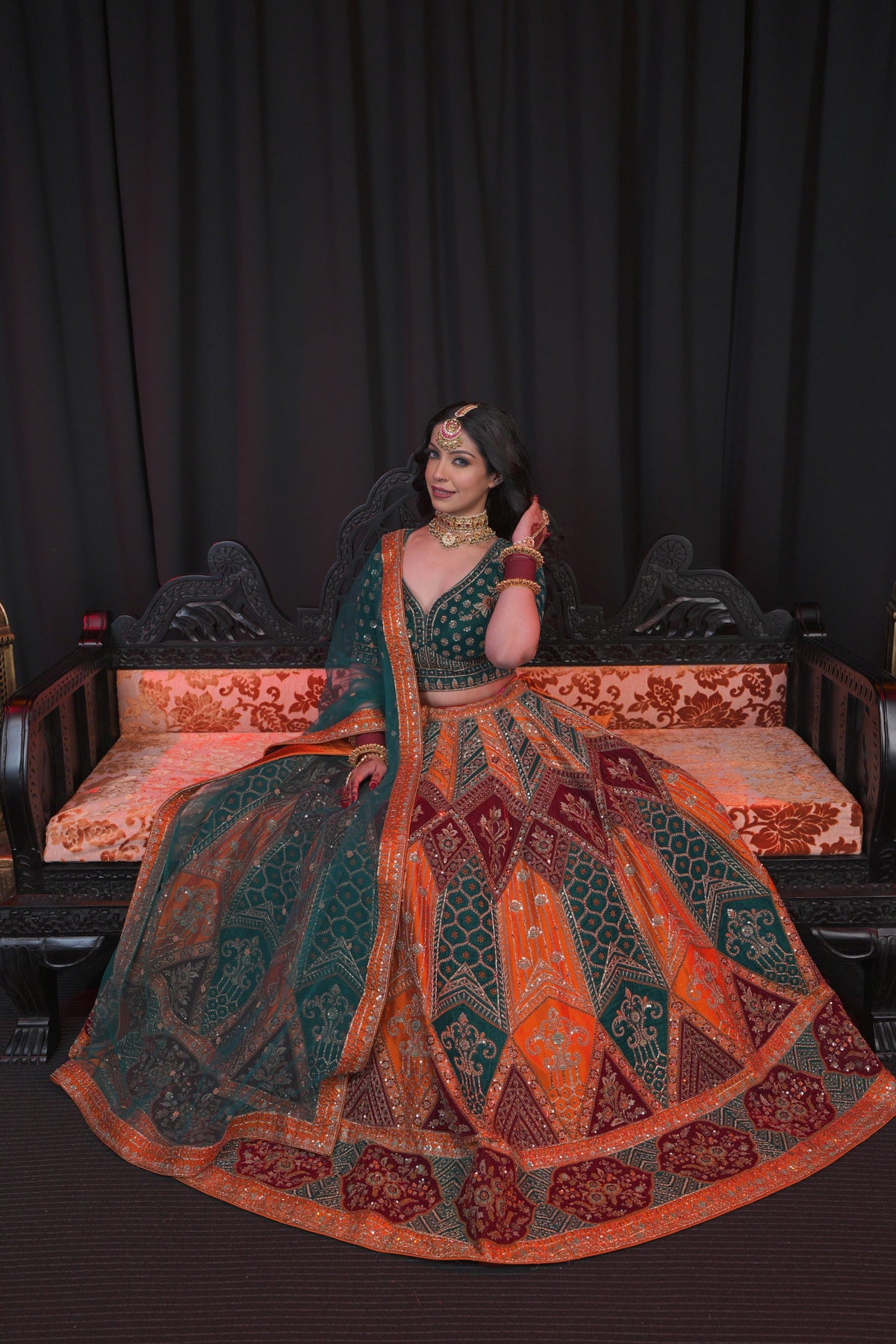 Zoya Bridal Couture Lehenga – Green & Rust Velvet Silk styled with jewellery