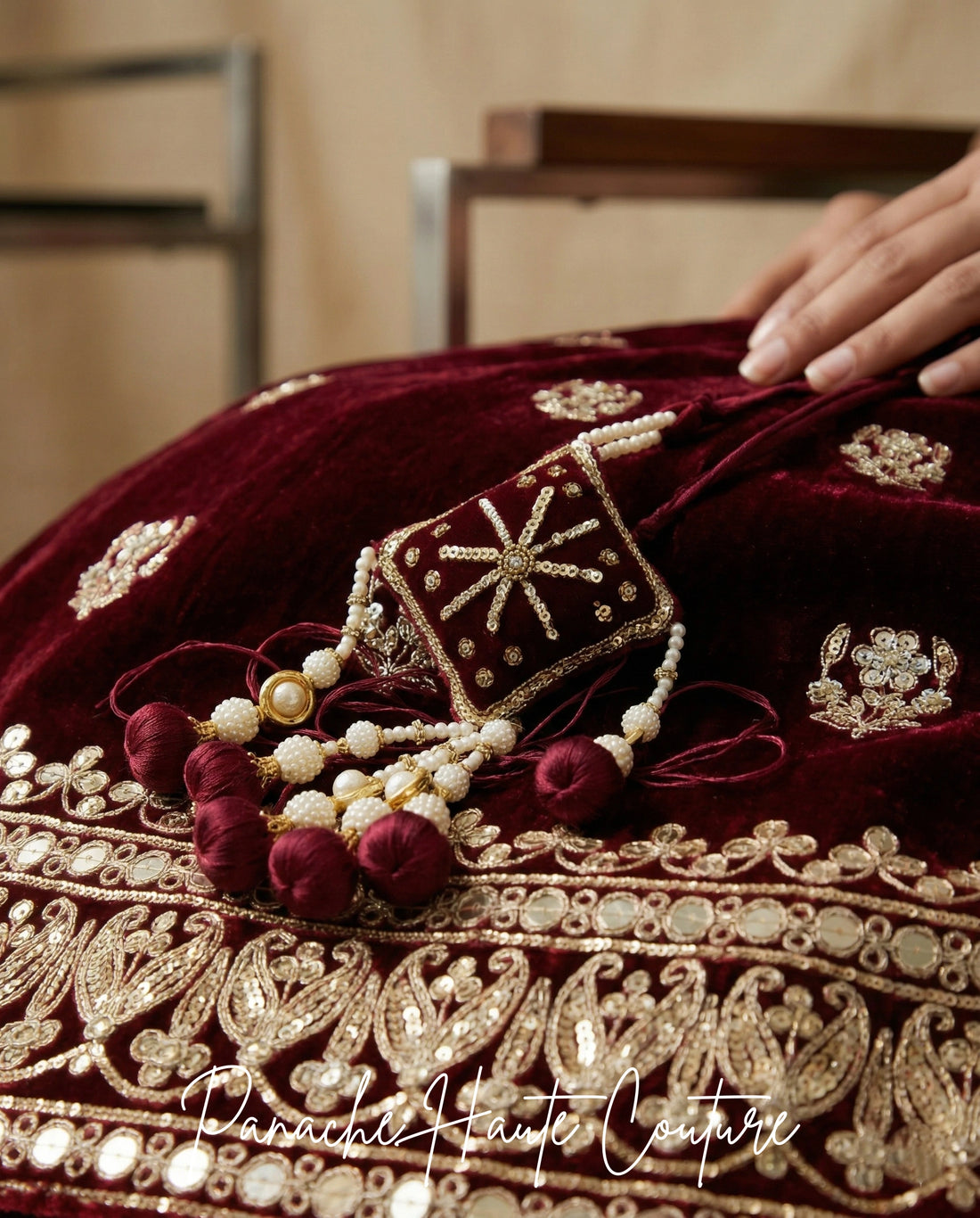 Maroon Color Silk Velvet Bridal Lehenga | Modern Minimal Bride hand-embroidery detail
