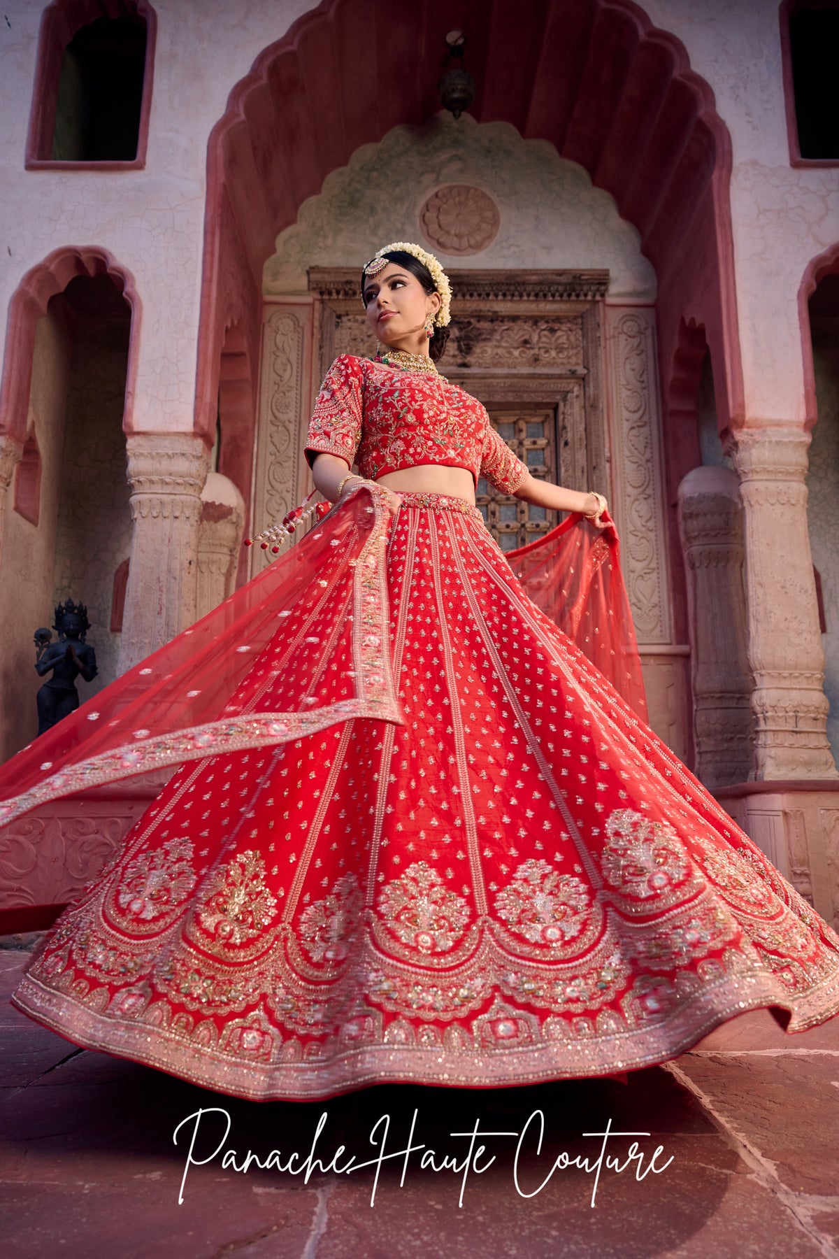Keya Red Dupion Bridal Lehenga with Floral Embroidery