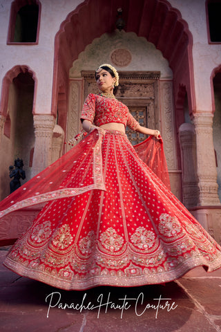 Keya Red Dupion Bridal Lehenga with Floral Embroidery – Jahan Collection