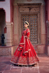 Keya Red Dupion Bridal Lehenga with Floral Embroidery – Jahan Collection