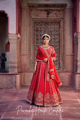 Keya Red Dupion Bridal Lehenga with Floral Embroidery – Jahan Collection