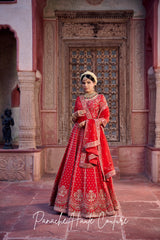 Keya Red Dupion Bridal Lehenga with Floral Embroidery – Jahan Collection