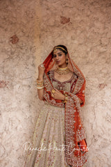 Light Green Lehenga with Maroon Rust Velvet Borders and Zardozi