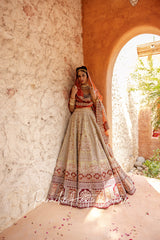 Light Green Lehenga with Maroon Rust Velvet Borders and Zardozi