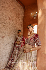 Light Green Lehenga with Maroon Rust Velvet Borders and Zardozi