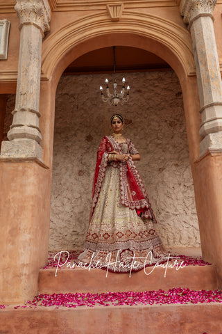 Light Green Lehenga with Maroon &amp; Rust Velvet Borders and Zardozi