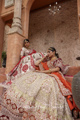 Light Green Lehenga with Maroon Rust Velvet Borders and Zardozi