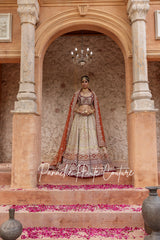 Light Green Lehenga with Maroon Rust Velvet Borders and Zardozi