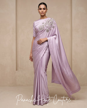 Lilac Satin Silk Saree with Hand Embroidery | Panache Haute Couture