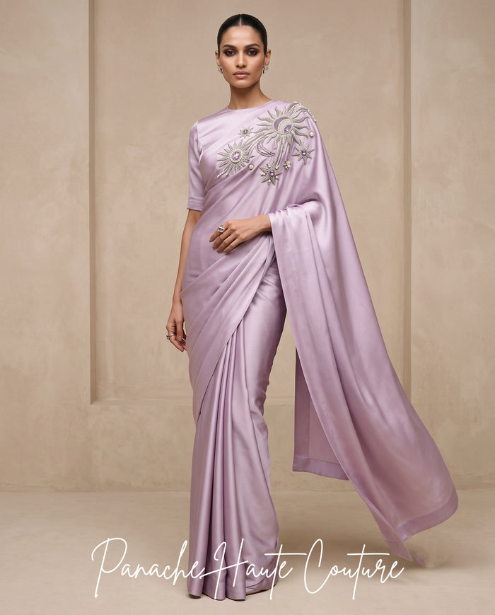 Lilac Satin Silk Saree with Hand Embroidery | Panache Haute Couture