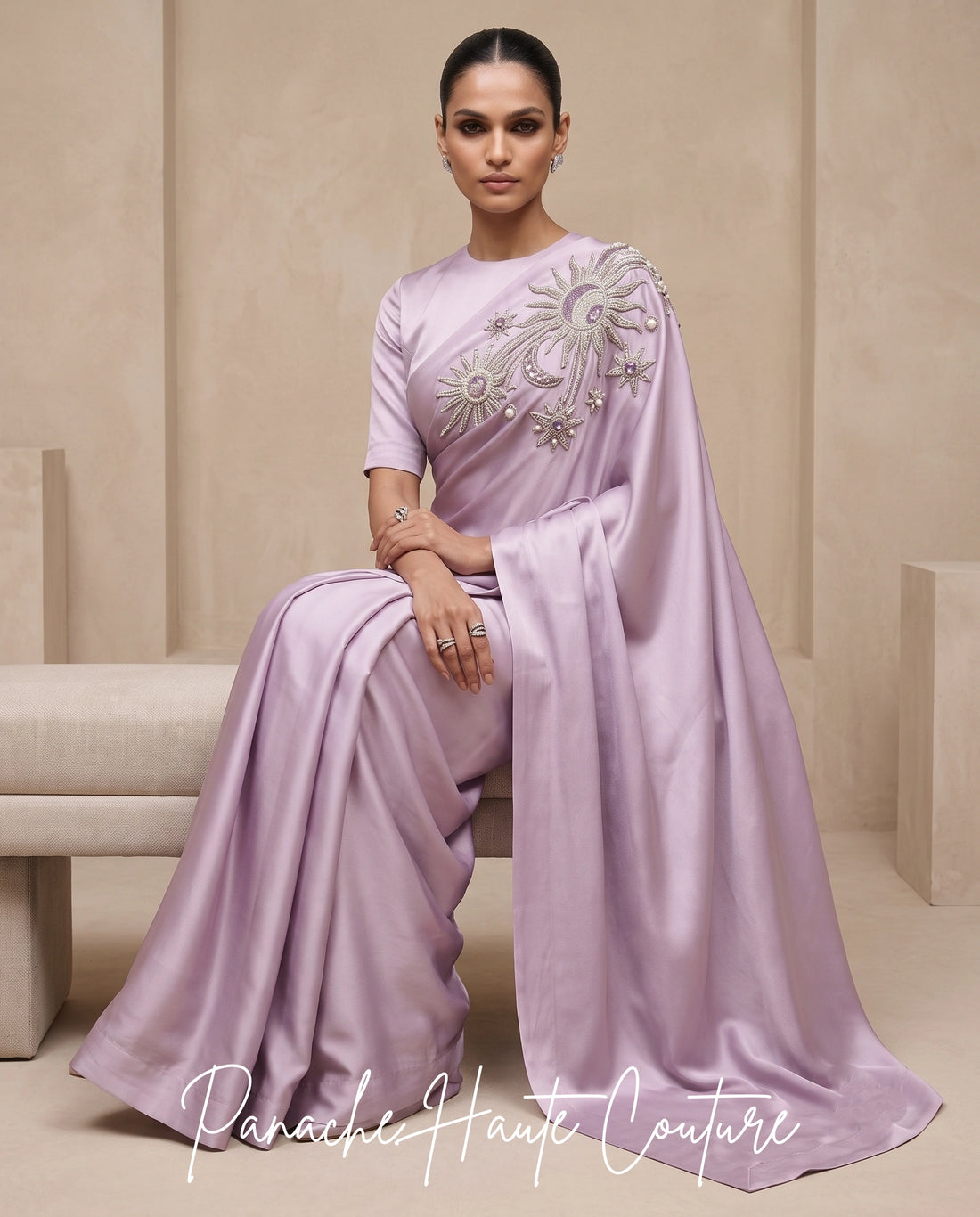 Lilac Satin Silk Saree with Hand Embroidery | Panache Haute Couture