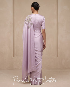 Lilac Satin Silk Saree with Hand Embroidery | Panache Haute Couture