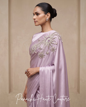 Lilac Satin Silk Saree with Hand Embroidery | Panache Haute Couture